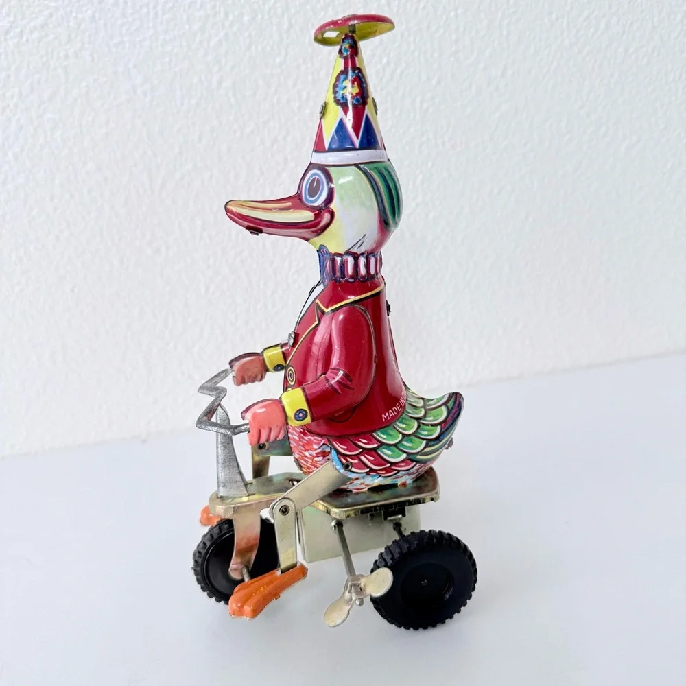 Vintage Litho Tin Toy Duck On Tricycle - Attached Key - 1970s-Collectible